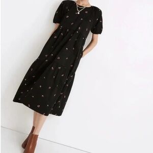 Madewell Embroidered Puff-Sleeve Midi Dress Pockets Black Floral Cotton Size M
